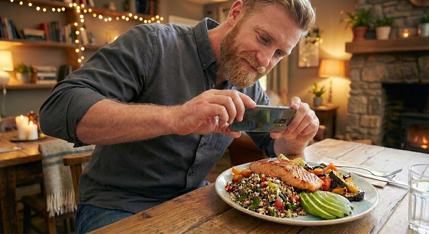 Mann som tar bilde av mat